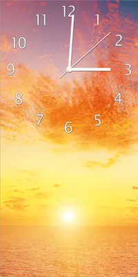 Produktbild von Wallario Design Wanduhr Sonnenuntergang über dem Meer - rote Wolken und blauer Himmel aus Echtglas, Größe 30 x 60 cm