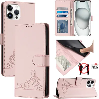 Produktbild von Leder Hülle für iPhone 12 Pro Max Süße Katze Flip Case Brieftasche Schutzhülle mit Standfunktion Pink