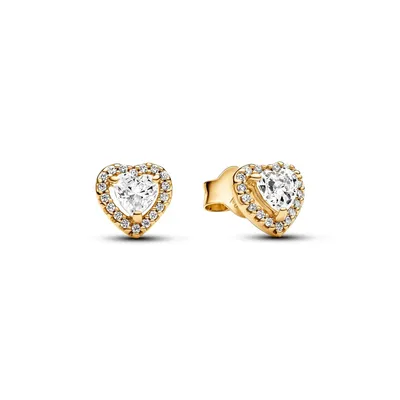 A pair of gold heart-shaped earrings with clear stones, displayed on a white background.