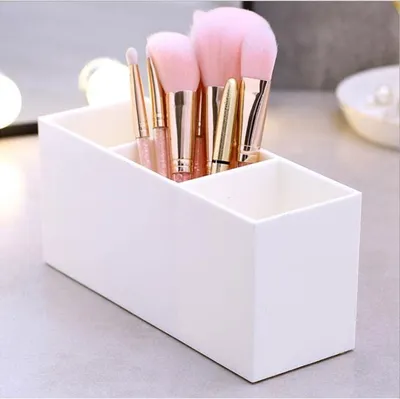 Produktbild von Kosmetik-Organizer, Make-up-Pinselhalter mit 3 Fächern, Acryl-Make-up-Pinsel-Organizer, Make-up-Pinselhalter, Aufbewahrungsbox für Make-up-Pinsel, Eyeliner, Lippenstift, Lipgloss (weiß)