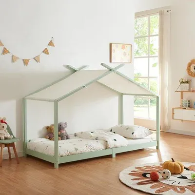 Produktbild von Kinderbett 90x200 cm mit Dach aus massivem Brenenholz