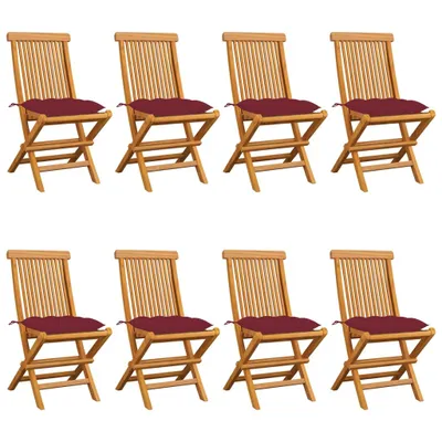 Image de Chaises de jardin avec coussins bordeaux 8 pcs. Bois massif teck