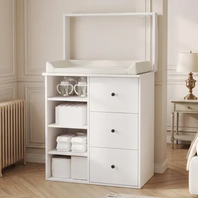 Productafbeelding van okwish 2-in-1 commode met verschoningstafel, met 3 lades, afneembare leuning, babyverschoontafel met open vakken, zonder verschoningmatje, wit