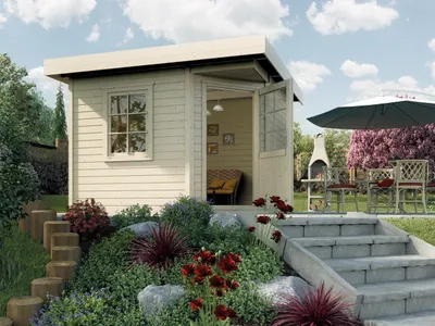 Produktbild von Gartenhaus weka Designhaus 213+ Gr. 2 hohes Durchgangsmaß 195 cm, mit Fußboden 338 x 338 cm natur