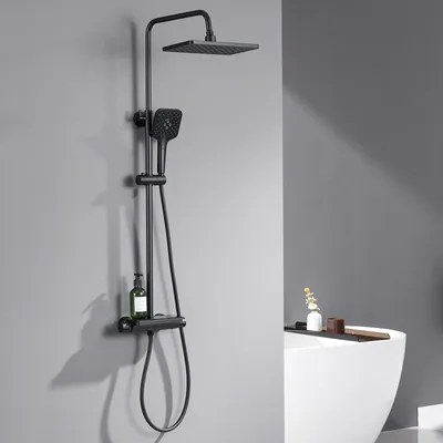 Produktbild von LONHEO Duschsystem mit Thermostat, schwarze Duscharmatur mit Aufbewahrungsbrett, modernes Duschset mit Duschsäule, Kopfbrause & Handbrause