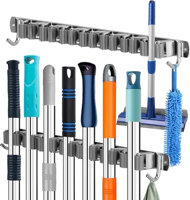 Imagen del producto de Soporte para escobas de pared, sin necesidad de taladrar, con 7 soportes, 2 ganchos, para montaje en pared, ideal para herramientas