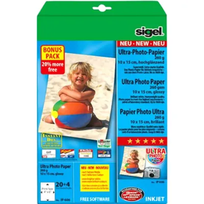 Produktbild von SIGEL IP606 Inkjet Fotopapier Ultra, hochglänzend, 260 g/m², 10x15 cm, 24 Blatt