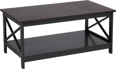 A rectangular coffee table with a dark brown top and black base is shown against a white background.