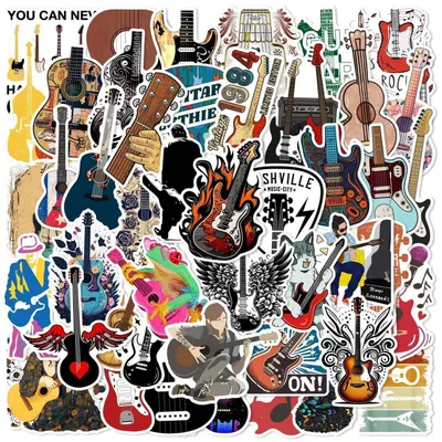 Produktbild von Gitarren Aufkleber Set 50 Stück Wasserdicht Vinyl für Laptop Kinder Auto Fahrrad Skateboard Gepäck