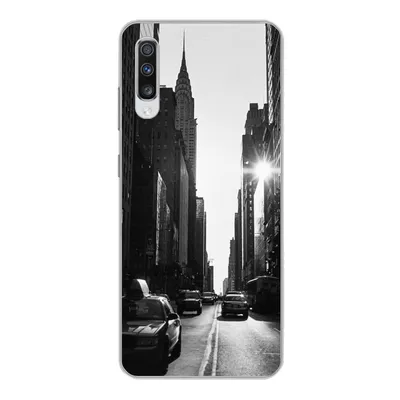 Produktbild von MuchoWow® Handyhülle Schutzhülle Hülle für Samsung Galaxy A70 Eine ruhige Straße in New York in Schwarz und Weiß Silikon Softcase Handy Hülle - Schutzhaube