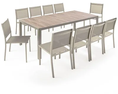 Produktbild von Gartentisch aus Keramik in Holzoptik 206 cm mit 10 Stühlen in Creme - Oviala Tivoli