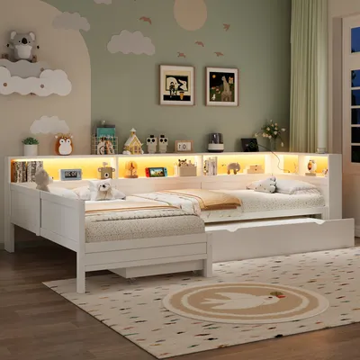 Obrázek produktu pro Postel o rozměrech 90x200 cm ve tvaru "L" s výsuvnou postelí, zásuvkou, 5 úložnými prostory, LED čelem a nabíjecí stanicí se 2 zásuvkami, USB/USB-C, bílá barva