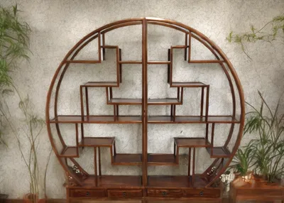 Produktbild von Asiatisches Rundregal, orientalischer Raumteiler, chinesisches Wandregal, Möbel Vintage-Stil, Schrank Bookcase Regal Bücherregal kastanien-braun, aus Holz