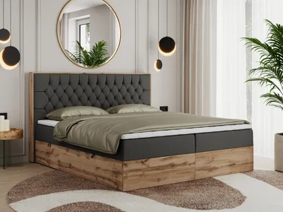 Produktbild von MKS MEBLE Boxspringbett 180x200 mit Bettkasten Eiche, Polsterbett 180x200 mit Matratze H4, Bett 180x200 mit Kopfteil, Bett mit Holzrahmen in Wotan Eiche - Dunkelgrau Kunstleder - Amore