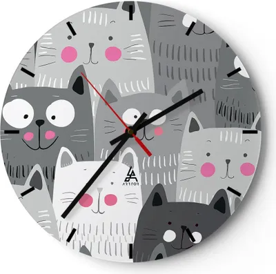 Produktbild von Wanduhr - Rund - Glasuhr - Kittys Tiere Illustration - 30x30cm - Schleichendes Uhrwerk - Lautlos - zum Aufhängen bereit - Dekoration Modern - Wanddekoration aus Glas - C3AR30x30-2890