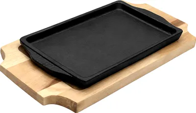 Produktbild von PARILLA eckige Servierpfannen-Set, Durchmesser: 23 x 12,2 cm, Gusseisen, inkl. passendem Untersetzer, Holz
