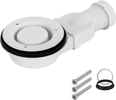 A white shower drain with a black rubber seal and accompanying screws and seals.