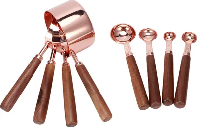 Obrázek produktu pro 8Pcs Rose Gold Stainless Steel Measuring Spoon Set with Wood Handles Kitchen Baking Accessory