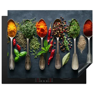 Obrázek produktu pro KitchenYeah® Krycí deska na sporák koření - lžíce - bylinky, 65x52cm, kuchyňská dekorace, keramická krycí deska, krycí deska na varnou desku
