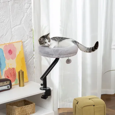 Produktbild von SUGIFT Katzenliege drehbar 360°, Katzenbett Schreibtisch, höhenverstellbar, Katzenhängematte, Grau | Polyester | bis 6 kg | 35x35x48 cm