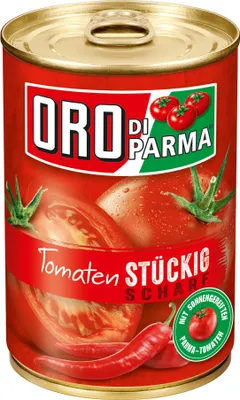 Produktbild von Oro di Parma geschälte stückige Tomaten scharf in der Dose 400g
