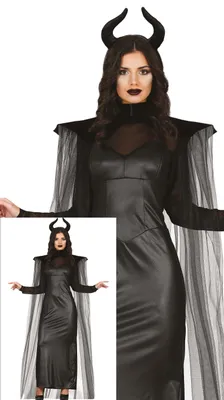 Productafbeelding van Filmkostuum heks, Halloween outfit, filmfiguur, magische mantel, jurk, hoorns, voor volwassenen, maat: 42 - 44 (L), kleur: zwart