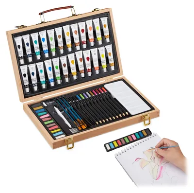 Malschachtel 56-teilig, Zeichenset mit Aquarell, Buntstiften, Naturholz