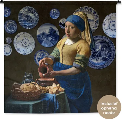 Produktbild von MuchoWow® Wandteppich Wandbehang Milchmädchen - Das Mädchen mit dem Perlenohrring - Vermeer 150x150 cm Tapisserie Dekoration Wandtuch - Wohnaccessoires - Modernes