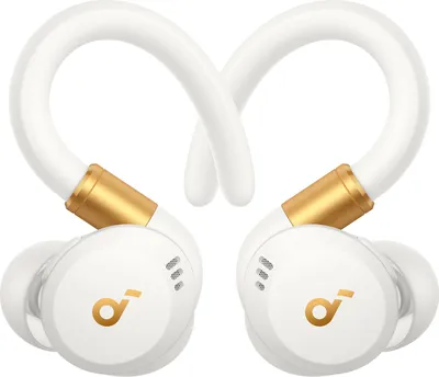 A pair of white and gold wireless earbuds with ear hooks.