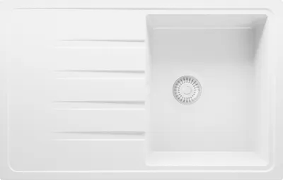 A top-down view of a white kitchen sink with a drainer.