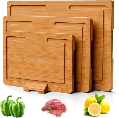 Produktbild von PolkaHome® Set von 3 Schneidebrettern aus Holz, 40,7 x 28 x 1,5 cm, 32 x 22 x 1,5 cm, 25,4 x 17,8 x 1,5 cm, Naturholz, Küchenbrett mit