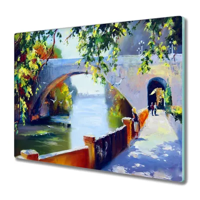 Produktbild von Coloray Schneidebrett Herdabdeckplatte 60x52 cm Kochplattenabdeckung Küchenbrett Hackbrett - Baum Fluss-Brücke