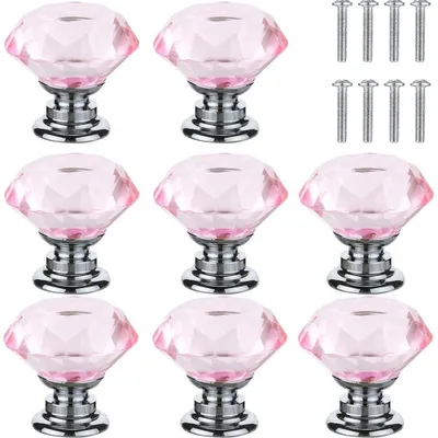 Produktbild von Möbelknöpfe 8 Stück – Schrankknöpfe Ø 30 mm – Runde Türknöpfe aus Zinklegierung & Glas – Mit Schrauben – Für Schrank, Kommode & Regal – Rosa