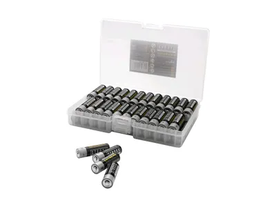 A clear plastic case filled with AA batteries, with a few batteries scattered in front.
