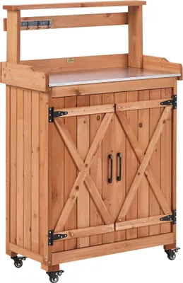 Produktbild von BELIANI Pflanztisch mit Stauraum Braun Tannenholz Eisen 74 x 40 x 119 cm mit Schrank Haken Rollen Garten Arbeitstisch