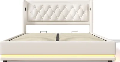 Produktbild von Flieks Polsterbett 160x200cm mit USB & Typ-C, Doppelbett Jugendbett mit LED, Hydraulisches Stauraumbett Boxspringbett mit Lattenrost, Kunstleder, Weiß