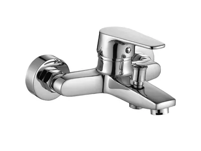 A chrome-plated bathtub faucet on a white background.