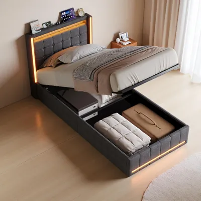 Obrázek produktu pro Postel INONEFT, 90x200 cm, s úložným prostorem, dětská postel s LED osvětlením a USB/Typ C porty, hydraulická postel s úložným prostorem, jednolůžko s roštem, lněná tkanina, šedá barva