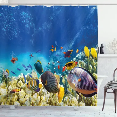 Produktbild von ABAKUHAUS Fisch Duschvorhang, Ozean Tiere, Klare Farben aus Stoff inkl.12 Haken Farbfest Schimmel und Wasser Resistent, 175 x 180 cm, Multicolor
