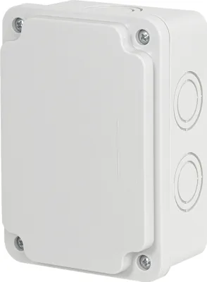 A white electrical junction box with a closed lid and visible conduit knockouts on the side.