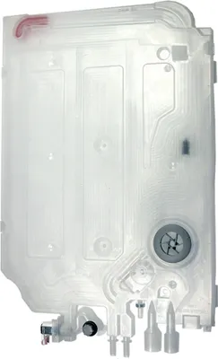 A clear plastic component with various molded sections and connectors, isolated on a white background.