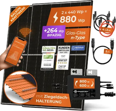 Produktbild von Solarway® 880W Balkonkraftwerk 800W komplett Steckdose - neuester 800 Watt Wechselrichter - Solaranlage - 440W bifaziale Solarmodule & Envertech & Ziegeldach
