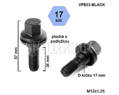 Obrázek produktu pro Kolový šroub M12x1,25x36, VPE03-BLACK, plochá podložka, CITROËN, FIAT, PEUGEOT, černý, klíč 17, výška 57 mm