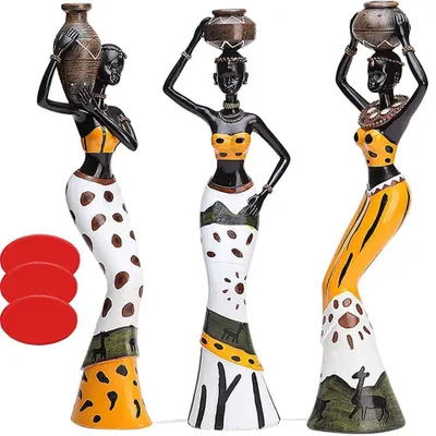 Immagine prodotto di 3 sculture africane, statua femminile, piccole sculture decorative, articoli per la decorazione della casa