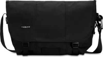 A black messenger bag is shown against a white background.