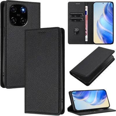 Obrázek produktu pro Kožené pouzdro pro Blackview Color 6, Litschi kůže, peněženkové pouzdro s přihrádkami na karty a stojánkem Černý