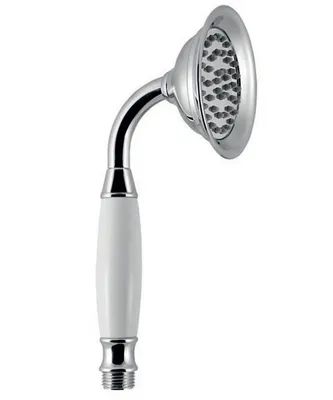 A close-up studio shot of a retro-style shower head with a white ceramic handle.