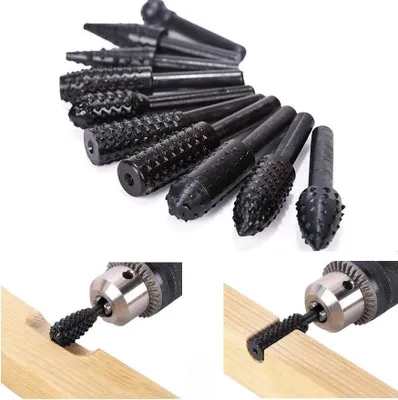 Produktbild von 10-teiliges Spiralbohrer-Set für Holzarbeiten, Holzschnitzerei-Feilen-Raspel-Bohrer mit 6,3 mm (1/4 Zoll) Schaft, Elektrowerkzeuge, Holzraspel, Meißelform, rotierender, geprägter Schleifkopf