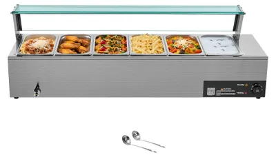 Image de SucceBuy, chauffe-plats commercial (6 bacs de 1/3), 1,5 kW, en acier inoxydable, avec couvercle en verre et louche, idéal pour les restaurants, les événements et les fêtes