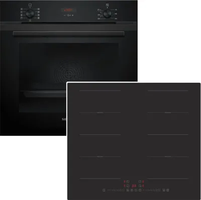 A black oven and a black induction cooktop are shown side-by-side against a white background.